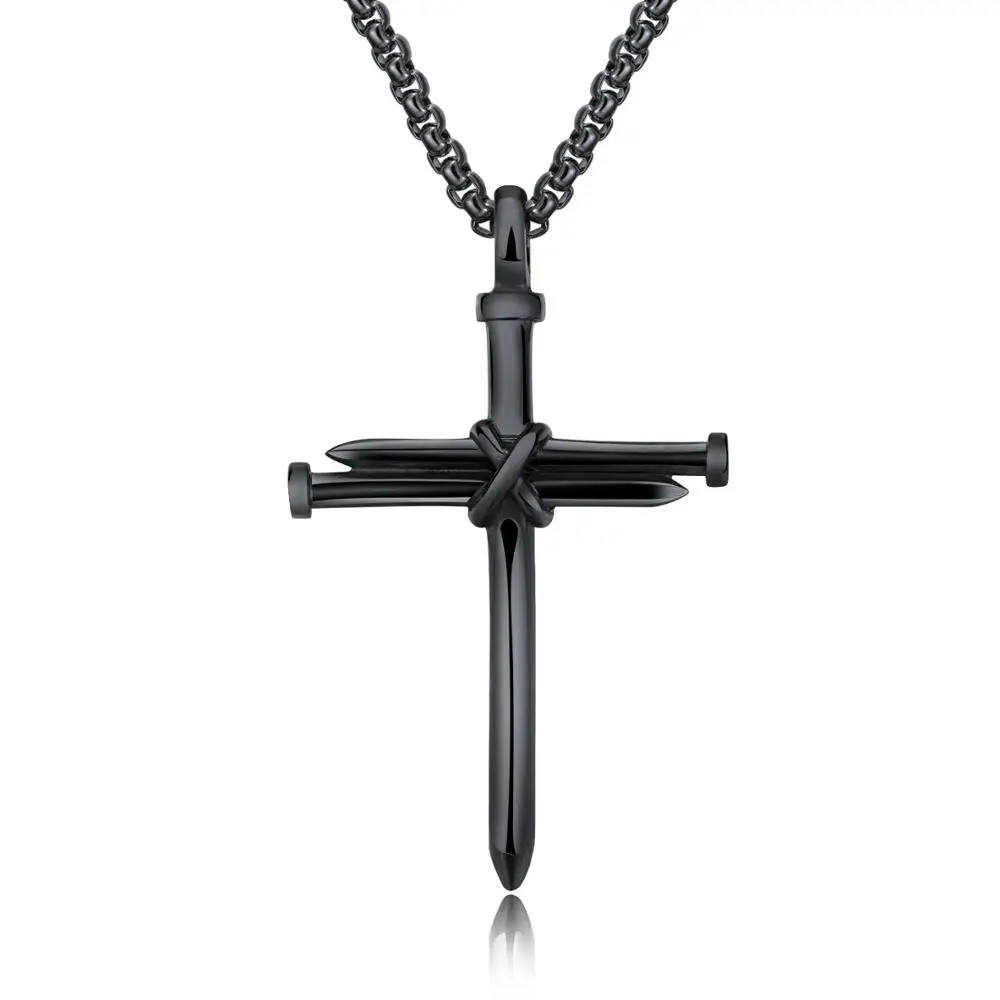 

Fashion Stainless Steel Mens Christian Religious Nail Jewelry, Wholesale Gold Plated Jesus Cross Pendant Necklace for Men/, Steel corol, ip black