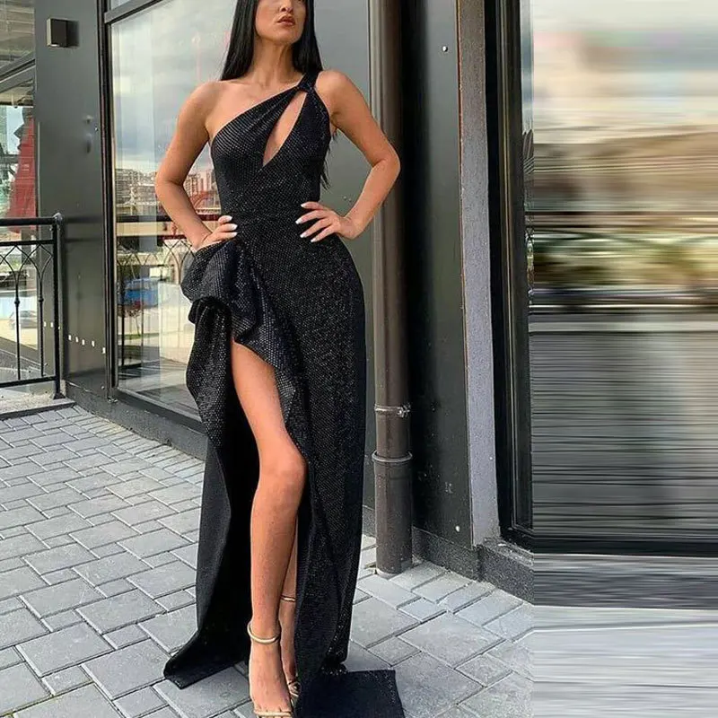 

2020 autumn winter new women dress hot sale sequined one shoulder high slit evening dresses, As picture