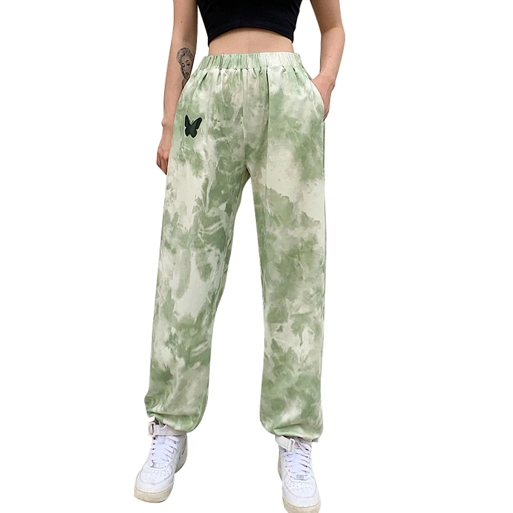 

Fall 2020 Butterfly Printing Tie Dyed Pockets Wide Long Sweats Pants High Waist Loose Ladies Casual Jogger Pants for Women