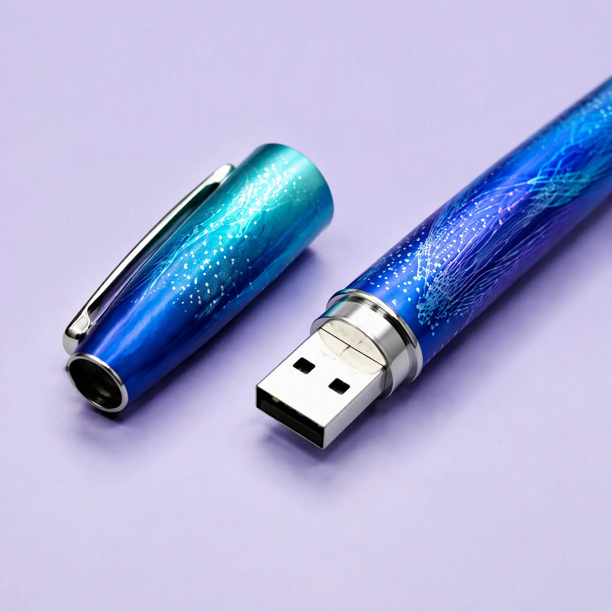 Extreme Macro Close-Up of USB Connector, Silver Collar Ring, and Luminous Jellyfish Pattern on Pen Barrel