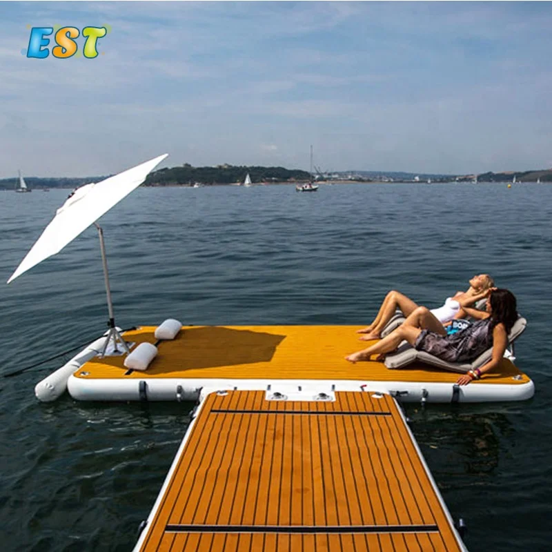 

Wholesale Customized Durable Drop Stitch PVC Swim pad mat Inflatable Yacht Air Dock Floating Water Platform with Teak surface, Teak brown/black, can be customized