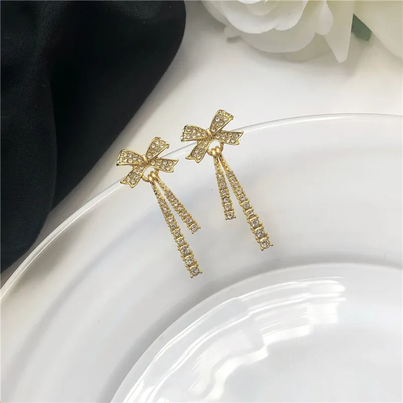 

JUHU New style diamond bow stud earrings fashion classic long earrings metal alloy jewelry for women