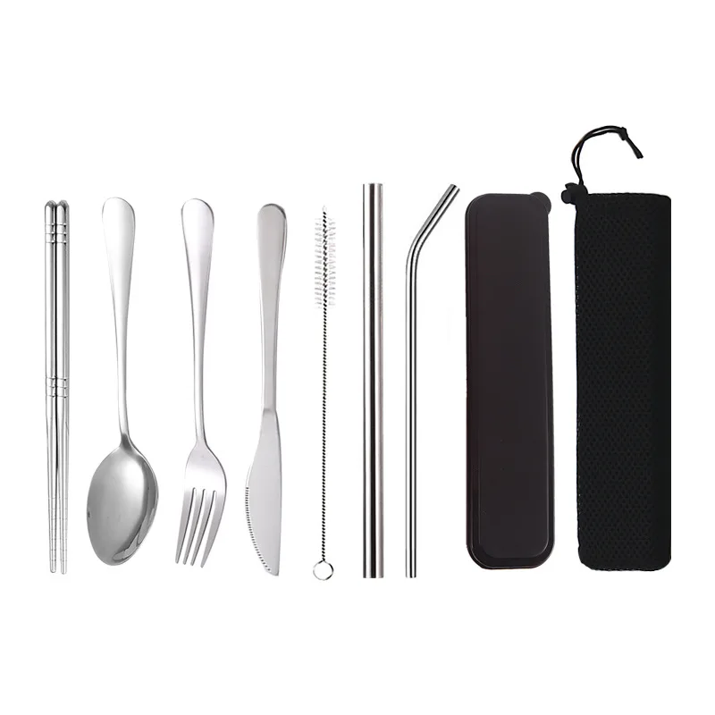 

Customized Logo Reusable Utensils Silverware Travel Camping Chopsticks Stainless Steel Cutlery Portable Flatware Sets with Box, Silvery