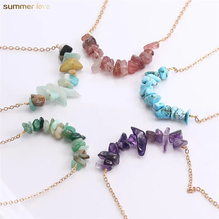 

Wholesale New Fashion Boho Copper Chain Colorful Natural Crushed Stone Pendant Necklace for Womens Jewelry Gifts, As picture