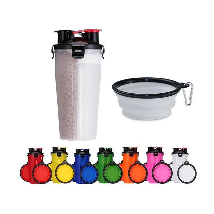 

multi-color 2 in 1 outdoor collapsible foldable dog travel portable drinking feeding pet food water bottle bowl with cup, Red, yellow, blue, white, green, orange, pink, black