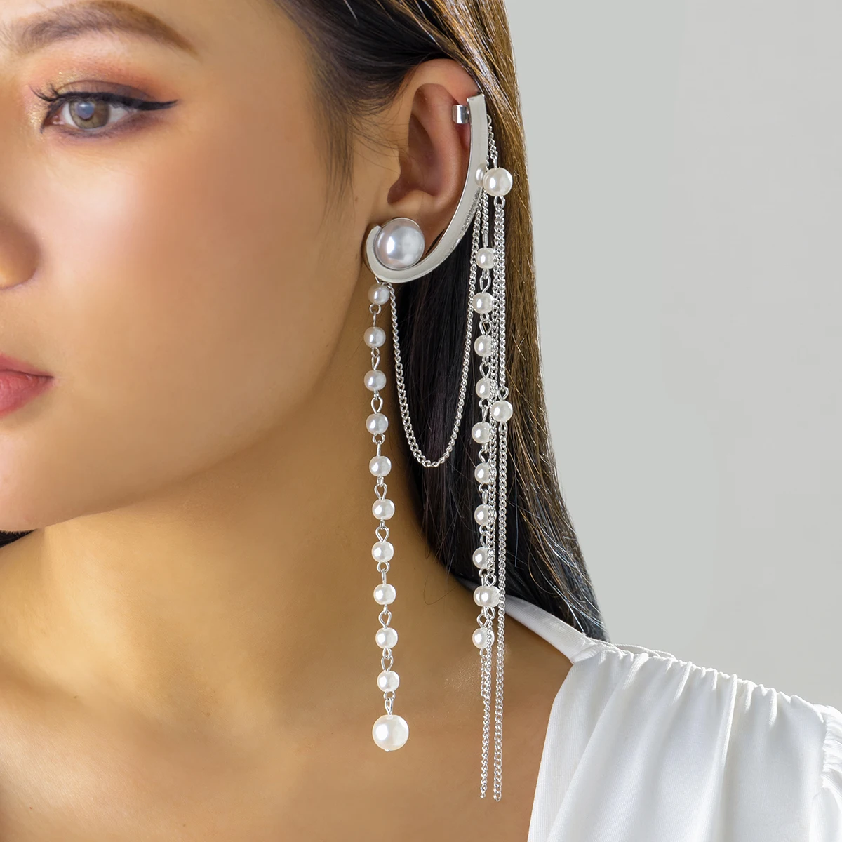 

SHIXIN New Fashion Temperament Personality Pearl Chain Tassel Earring Cuff Trendy Geometric Metal Ear Bone Clip Ear Accessories