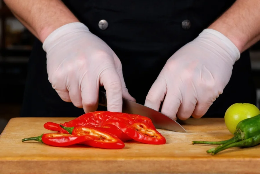 Chef wearing protective gloves while carefully slicing ghost peppers on cutting board