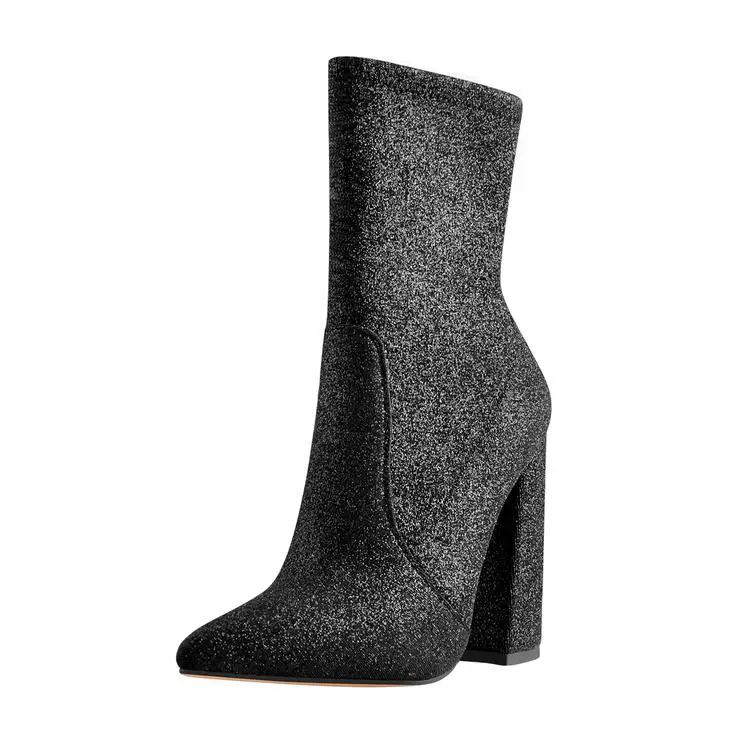 

Pointed Toe Glitter Stretch Chunky Block High Heels Ankle Booties, Black