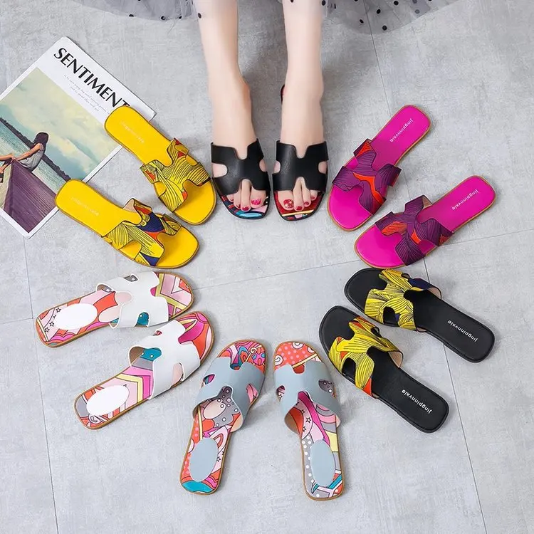 

SD--203 Latest fashion H shape cross strap flat slipper for women PU leather elegant ladies summer beach slipper sandals, Picture show , squine colors