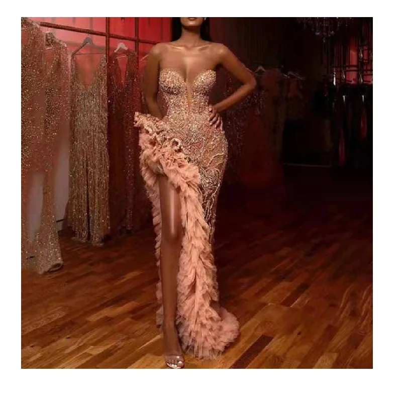

Women Lace Beads High Neck Mermaid Backless Prom Ruffles High Slit Evening Dress, Picture