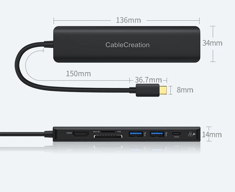 

usb-c hub Multiport Adapter Type C Dongle with 4K@60Hz HDMI 2 USB 3.0 Ports 100W PD Gigabit Ethernet and SD/TF Cards Reader
