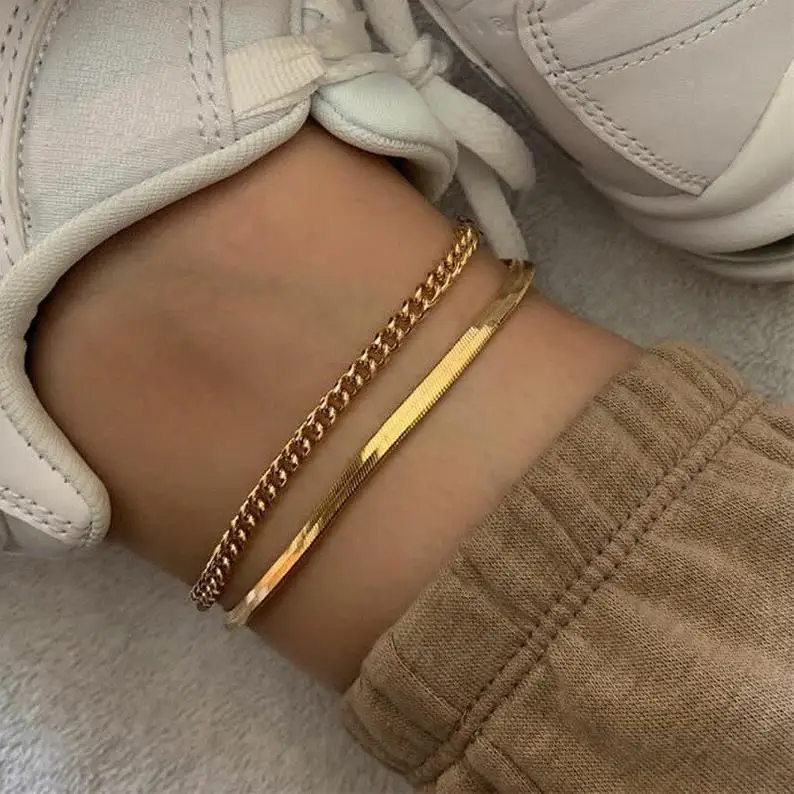 

Women Minimalist Vintage Body Jewelry Foot Bracelet Gold Plated Snake Bone Chain Anklet Herringbone Anklet