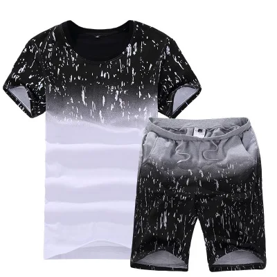 

Big Size M-6XL Men Summer Short Sleeve Suits In Men's Sets Gradient Color Male T-Shirt Sets Black