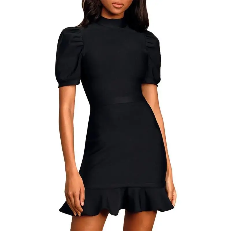 

2020 New Arrival High Quality Women o neck ruffles black Elegant Midi casual dresses
