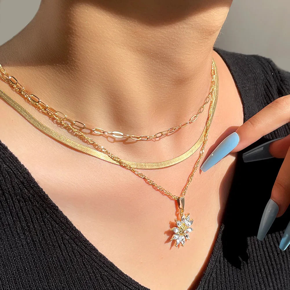 

New Design Multi Layer Twisted Chain Snake Necklace For Women Crystal Pave Flower Pendant Necklace, Gold plated