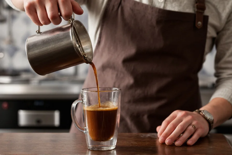 Barista pouring coffee over cinnamon syrup in clear glass mug showing perfect integration