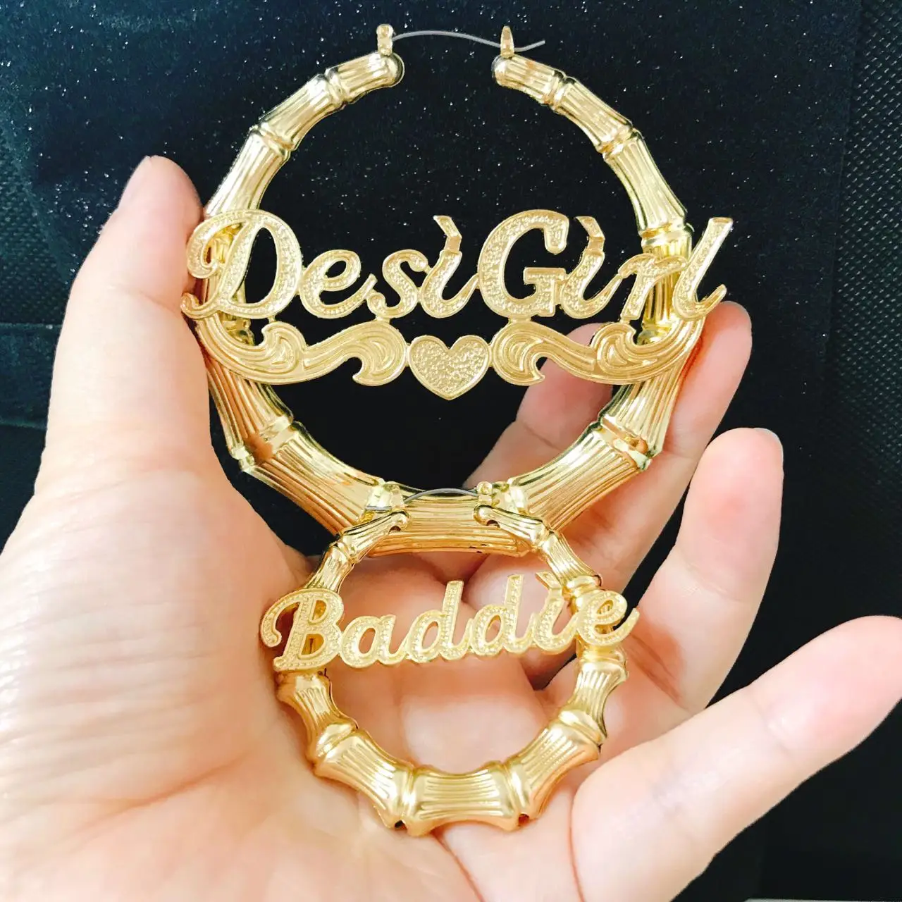 

Big gold plated bamboo name custom earrings with logo