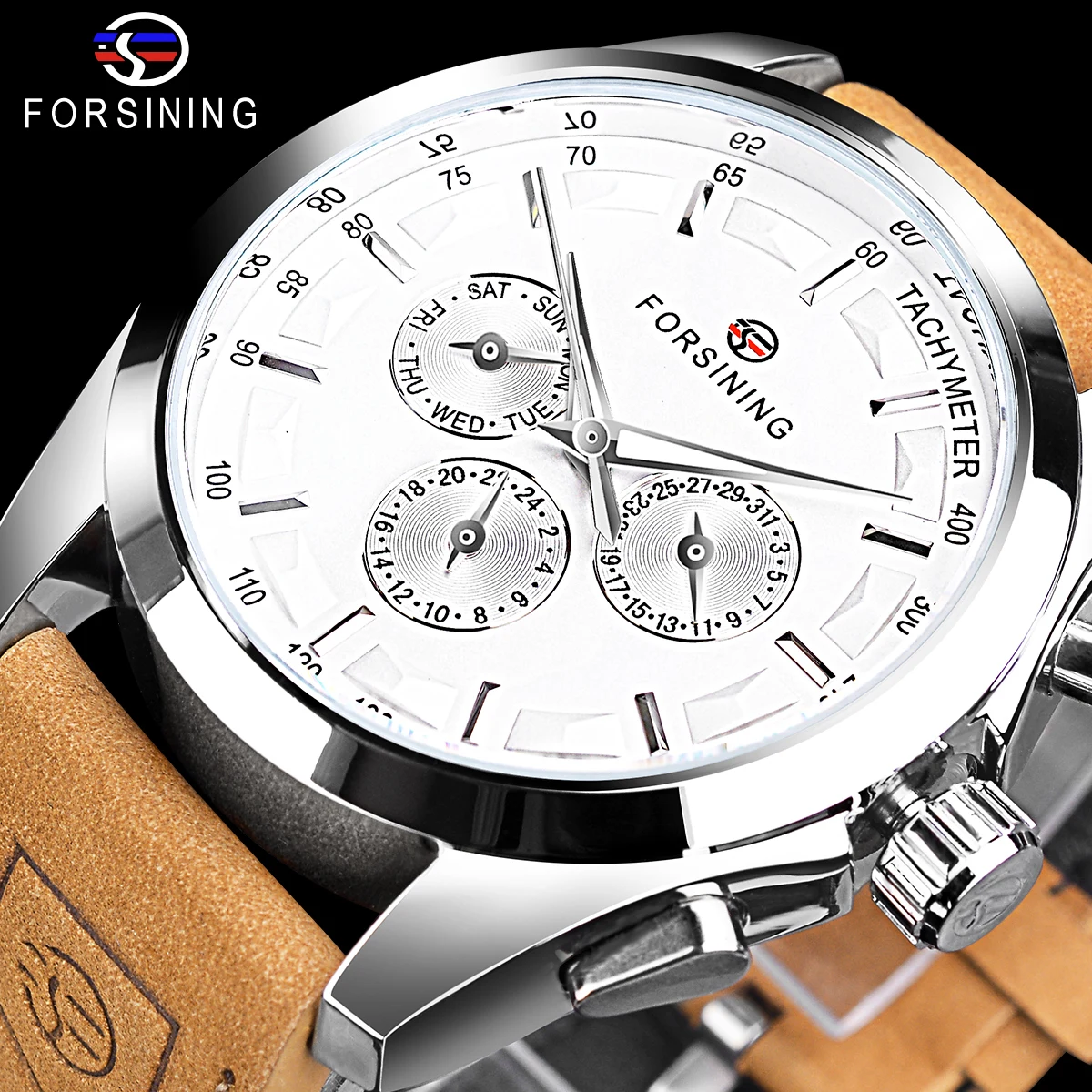

Forsining Men's Automatic Mechanical Watch Military Watch Casual Waterproof Silver Case White Face Brown Leather Watch