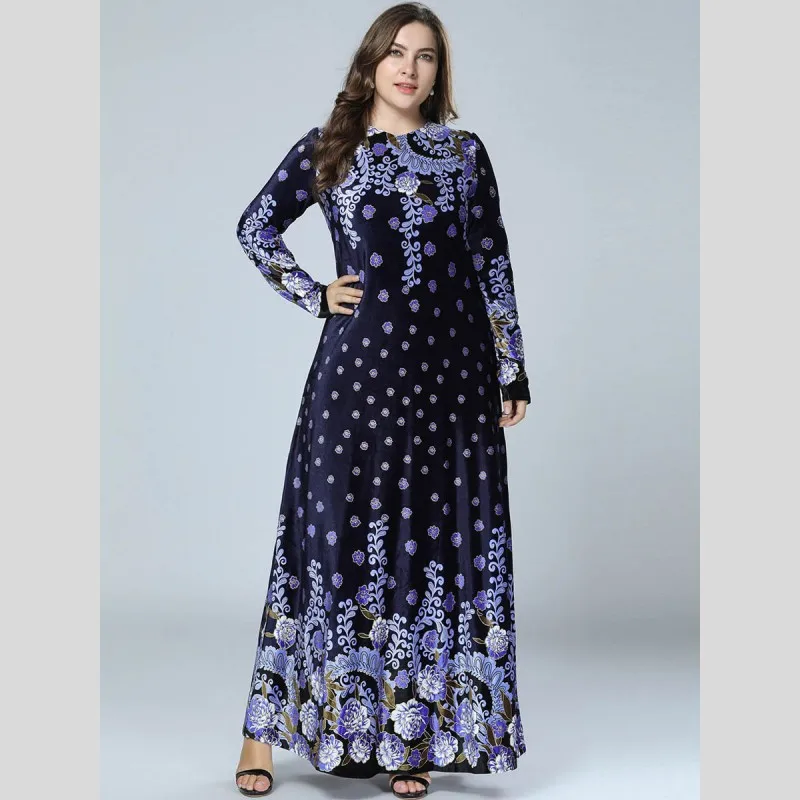

New Abaya Muslim Dresses Arabic Velvet Pakistani Dubai Islamic Print Warm Dress Navy Blue Vestido Y11033