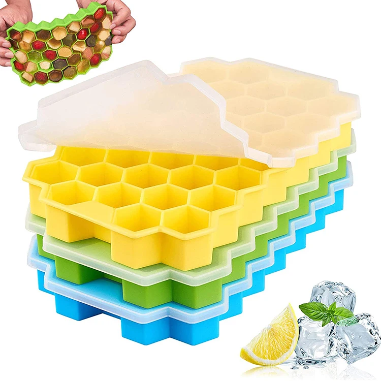 

BPA Free 37 cavity Stackable Honeycomb Ice Cube Container Silicone Ice Cube Tray with lid, 7 colors
