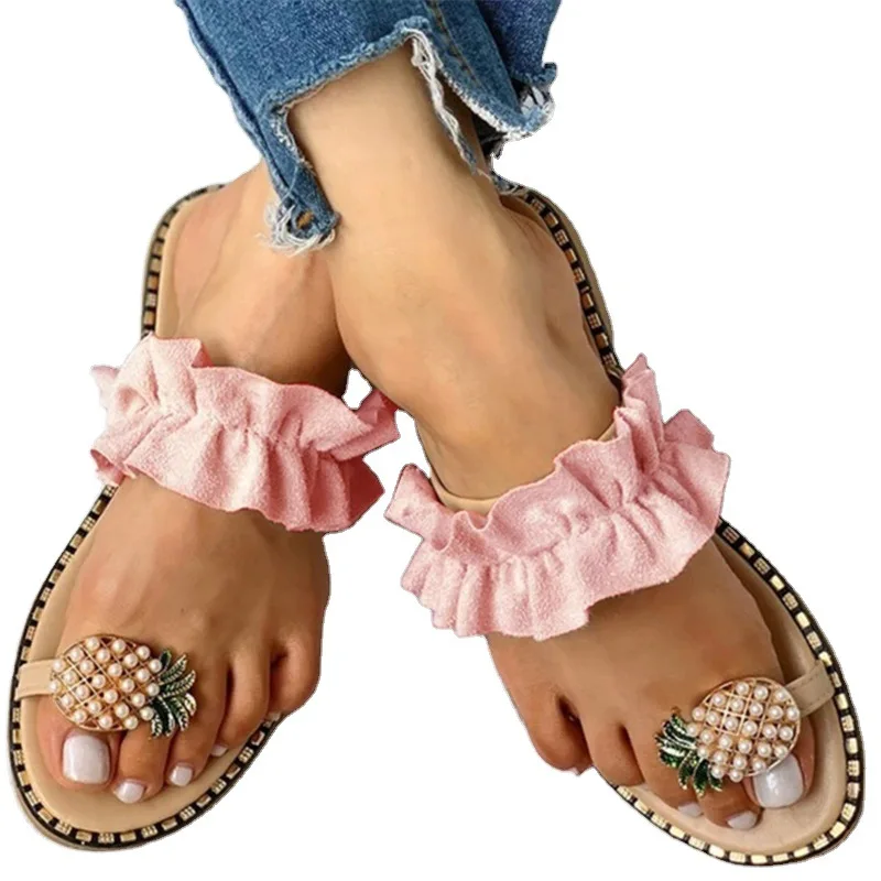 

2021 new arrival summer female ladies women pu leather casual pineapple ruffles flip flops flat thong slippers and sandals shoes
