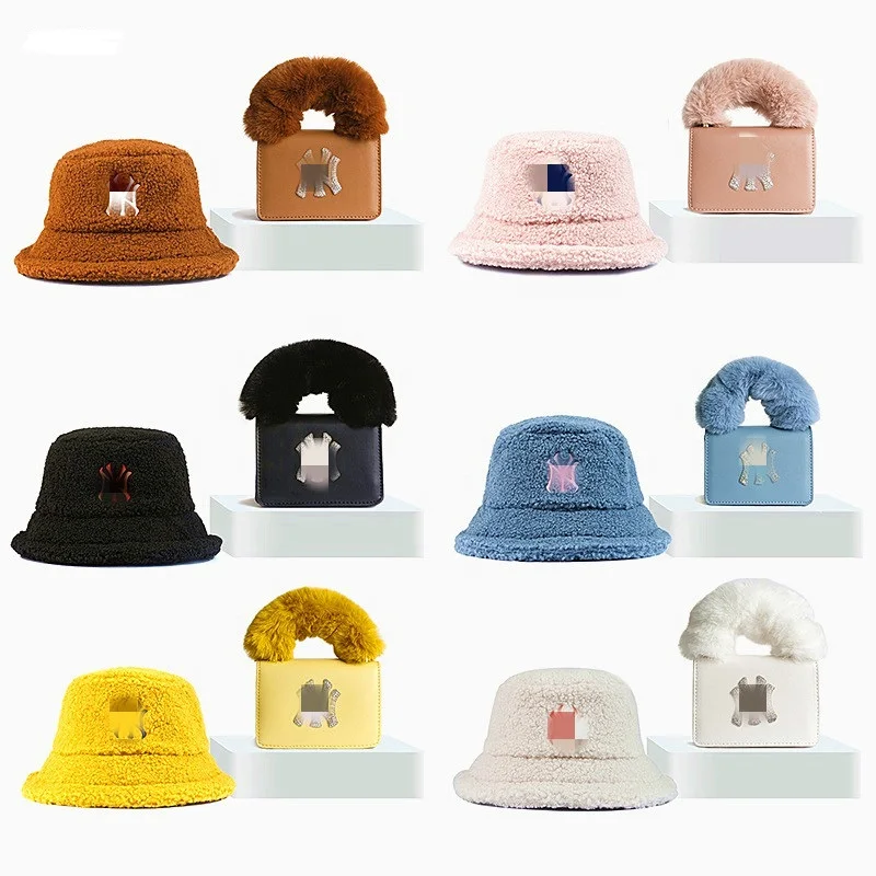 

Autumn Winter famous designer brand furry bags matching fur barrel hat popular PU leather purse and handbags with hat set