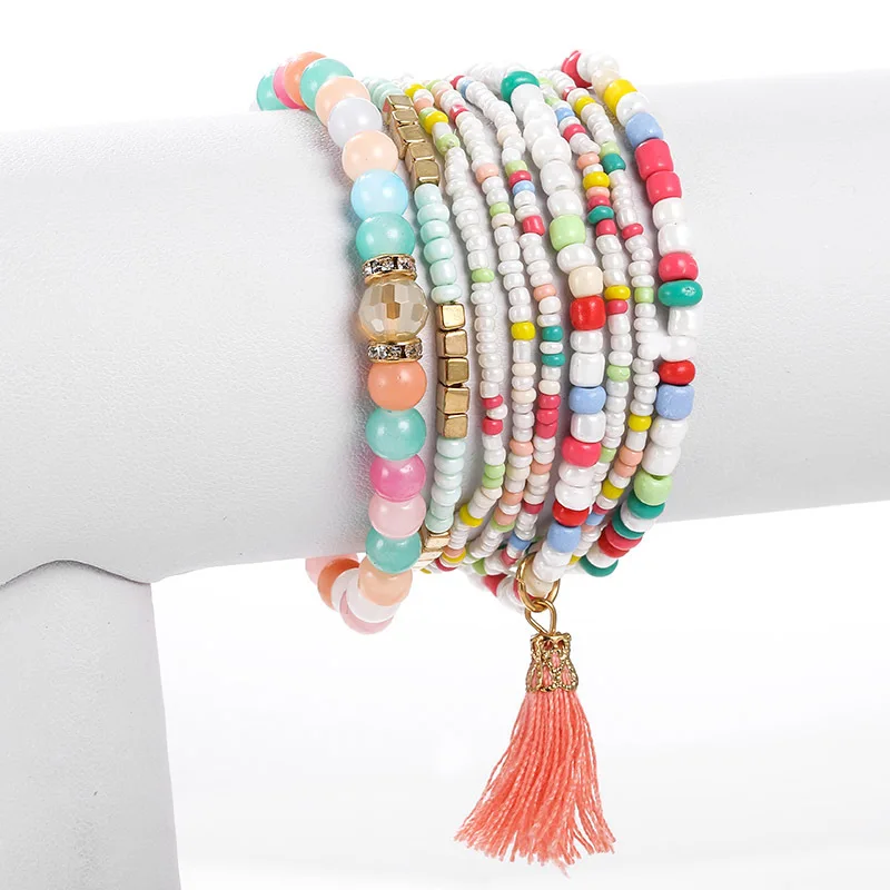 

Fashion Colorful Tiny Seed Crystal Beaded Tassel Elastic Bracelets, Shown