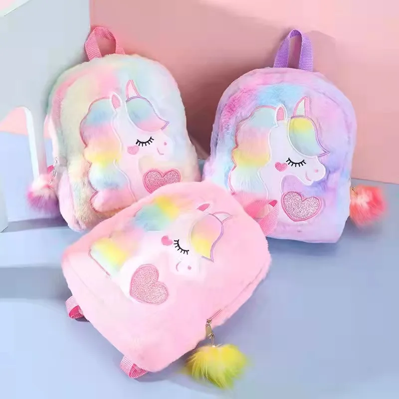

Factory wholesale new designer cartoon cute unicorn big capacity children girls boy school bags kids plush backpacks, Pink,purple,colourful
