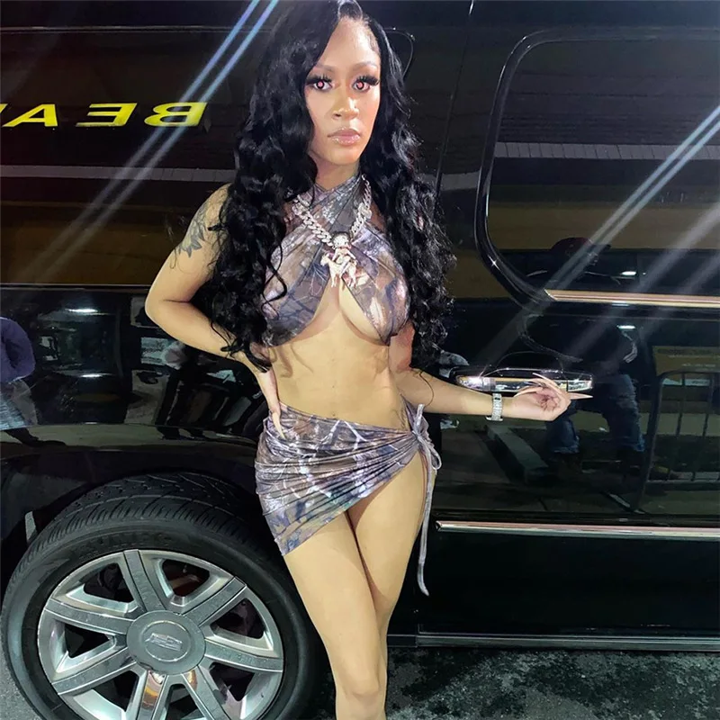 

Drawstring Aesthetic Printed Criss Cross Matching Sets For Women Backless Bandage Halter Top And Skirt Two Piece Outfits