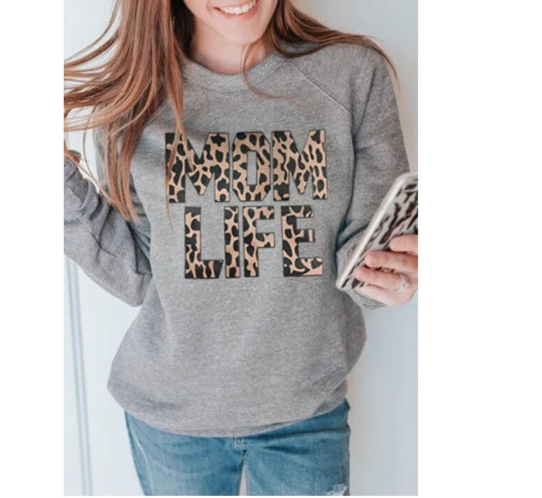 

Fashion Casual Leopard Mom Life Letter Printing O-Neck Solid Color Loose Sweatshirt 2020