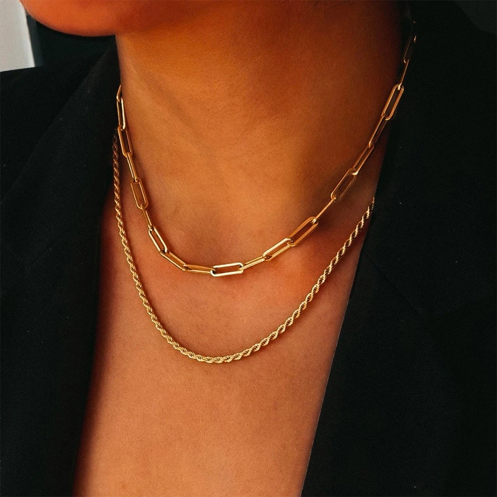 

eManco Chain Gold Necklace Bar Pendant Two Layers Trend Layering Jewelry Necklace Flat Chain Choker On Neck Jewelry
