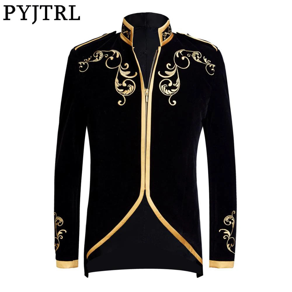 

British Style Palace Prince Fashion Black Blue Velvet Gold Embroidery Blazer Wedding Groom Slim Fit Suit Jacket Singers Coat, Black, blue, wine red