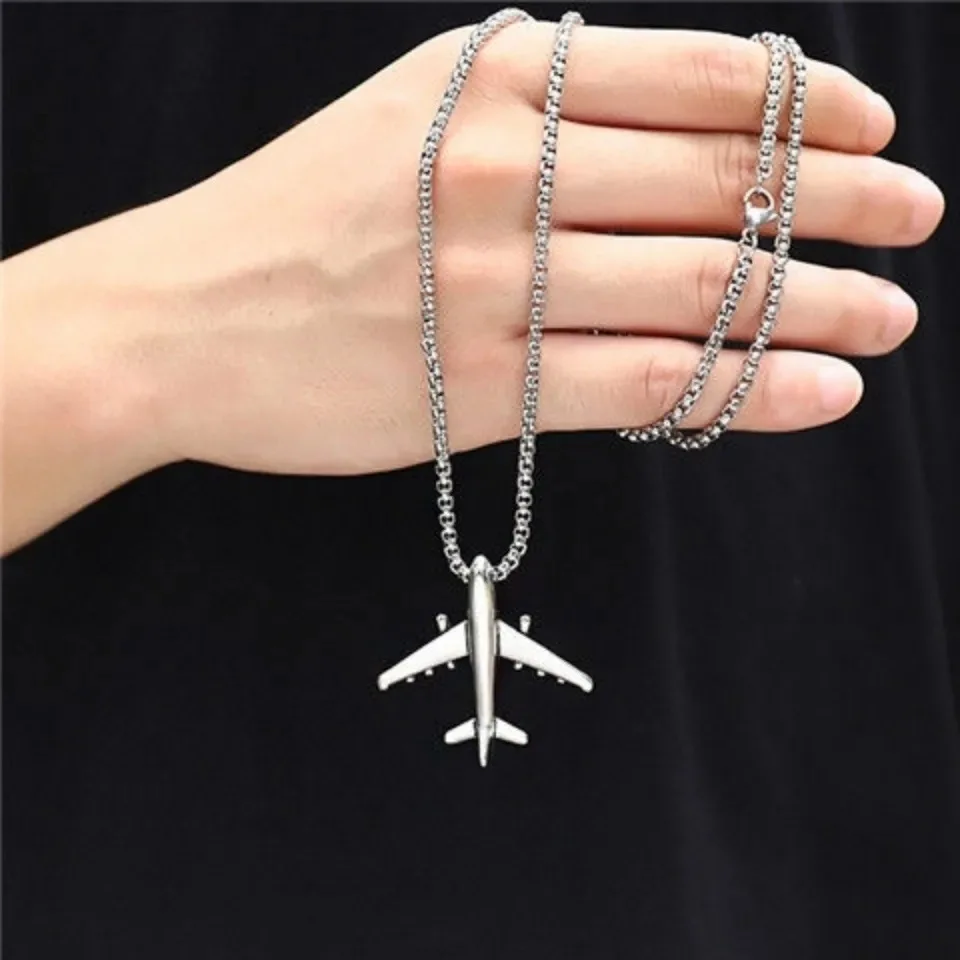 

Hiphops Jewelry European Style Steel Aircraft Sweater Necklace 316L Stainless Steel Box Chain 3D Airplane Necklace