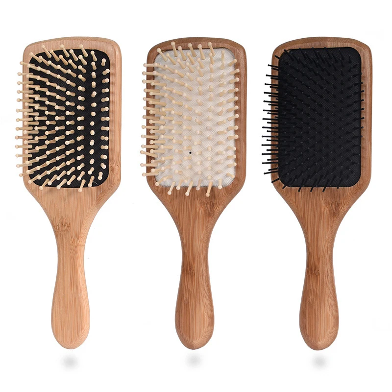 

Eco-friendly Natural Bamboo Paddle Cushion Detangling Massage Hair Comb Brush, Black, white