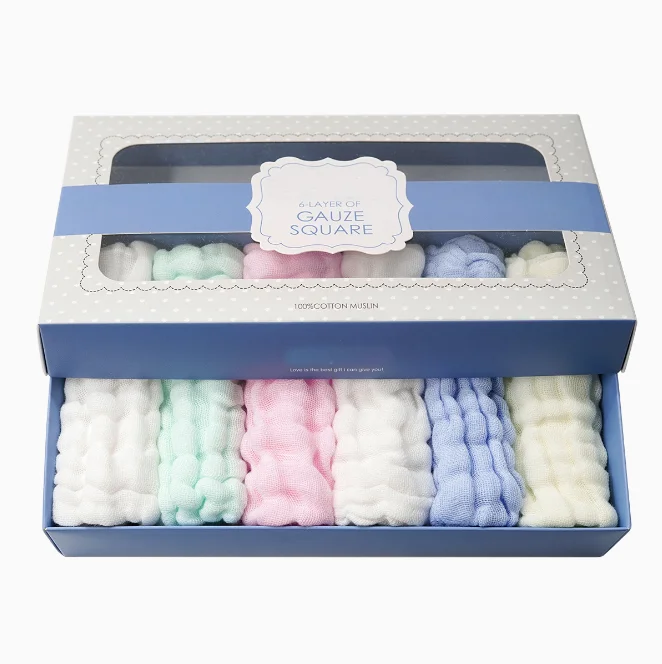 

100% cotton baby towel high quality 6 yarns square pure color towels gift set with box package 6 pcs soft bib towel widely usage, Customer's requirement