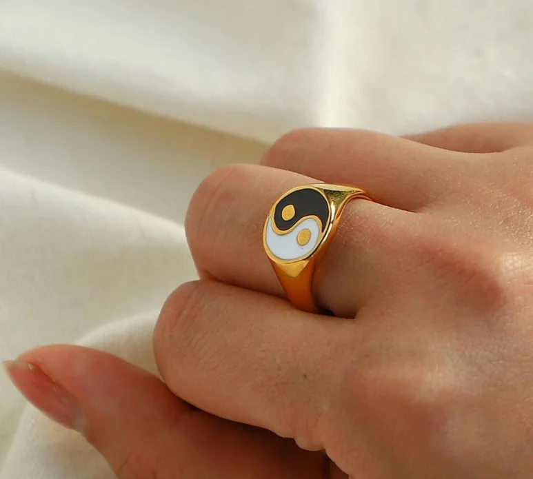 

Men Women Jewelry Hot Taiji Bagua Gold Yin Yang Ring Waterproof And Colorfast 18k Gold Plated Statement Chunky Finger Ring, Gold color