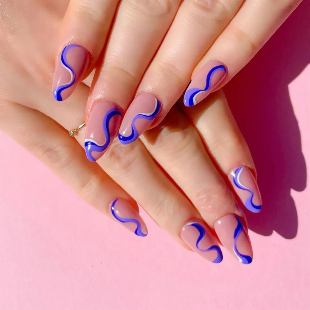 

Sale Hot Full Cover Nail Art Blue Pop Line Long Extension Ballerina Fake Nail Tips, Pink&blue