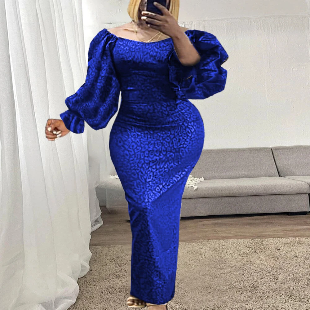 

Fall Elegant Blue AOMEI New Printed Off Shoulder African Women Evening Dress