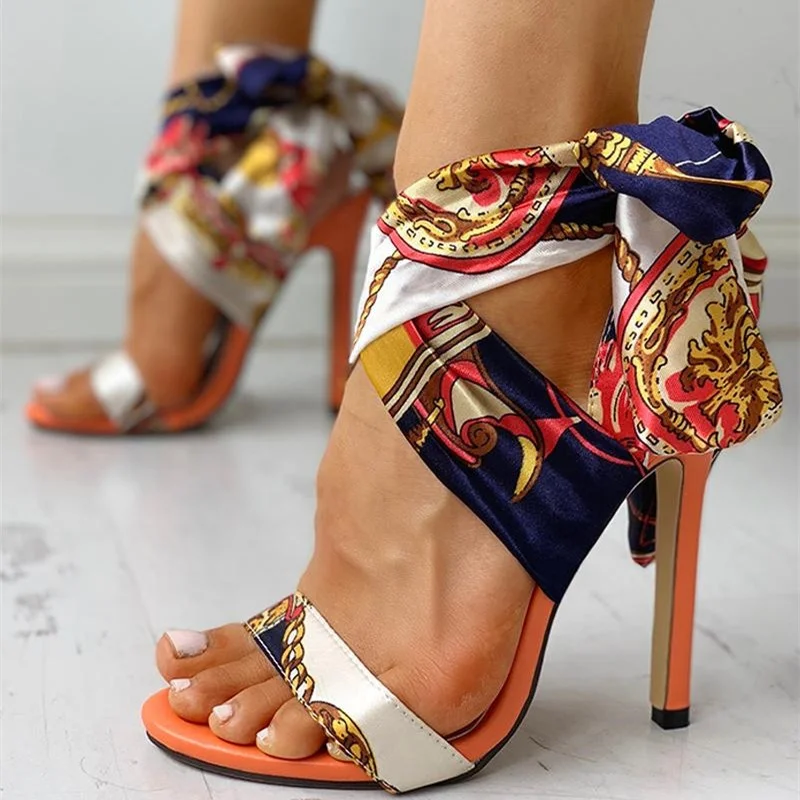 

European And African Style 3D Printing Colorful Wholesale Dress Shoes 2020 Cloth Stiletto Cross Tied Strap Pumps Fashion Sandals