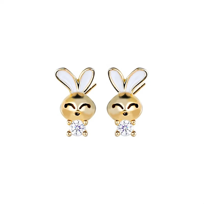 

2021 Hot Sale 925 Sterling Silver Epoxy Earrings Platinum Gold Rabbit Tiny Cute Stud Earrings 925 Real Silver Earring Zircon