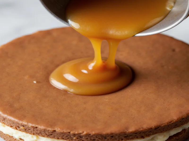 Pouring caramel over homemade Twix shortbread base