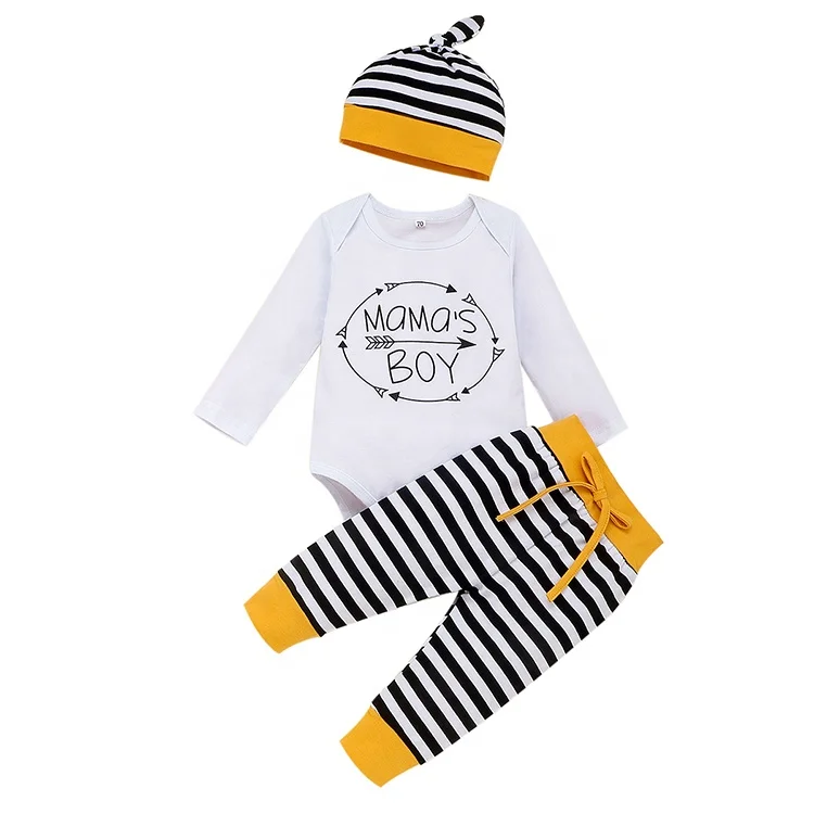 

Customize Organic Cotton Romper Spring Stripe Printed 3PCS Newborn Gift Set Baby boy Clothes Set