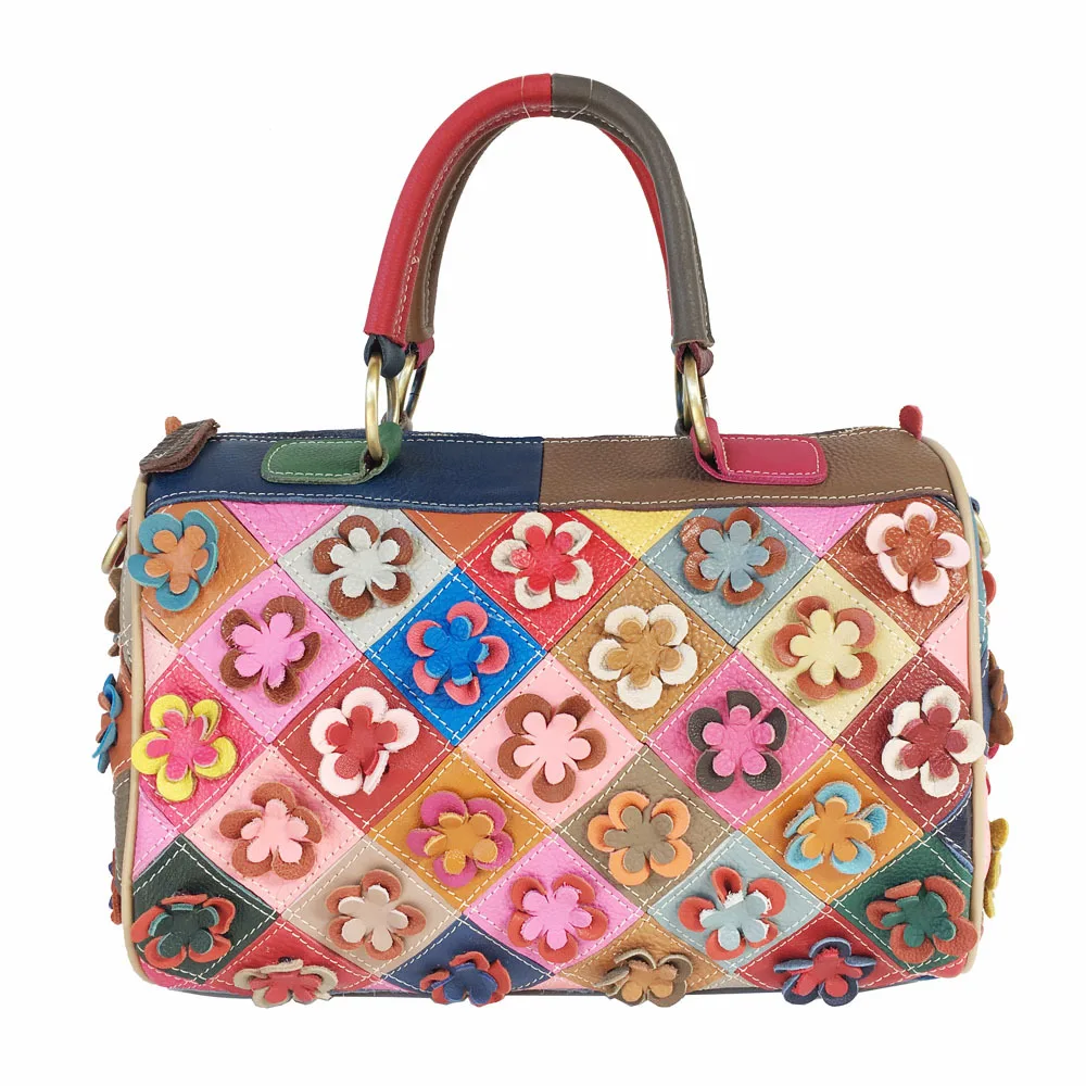

Unique floral geometric women multi-color leather shoulder bag Genuine cross body patchwork purses and handbags for women 2022