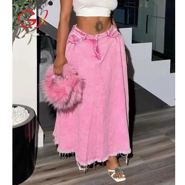 

GX1664 Fashion Good Quality 2024 Women Street Wear Sweet Pink Sexy High Waist Jeans Long Skirts Elegant Denim Maxi Skirt