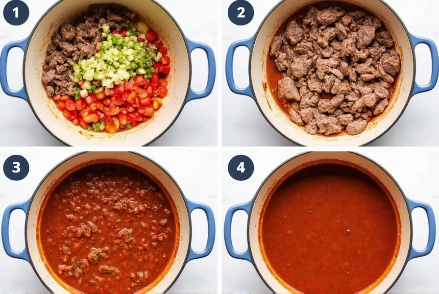 Step-by-step preparation of classic beef chili showing browned meat, chopped vegetables, and simmering pot