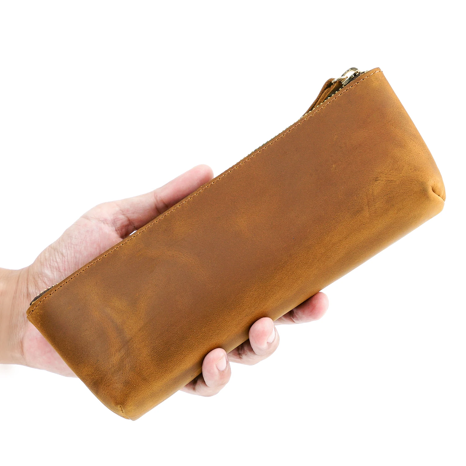 AIGUONIU Genuine Leather Large Capacity Pencil Bag Office School Stationery Pen Pencil Storage Pouch Holder Fountain Pen Case