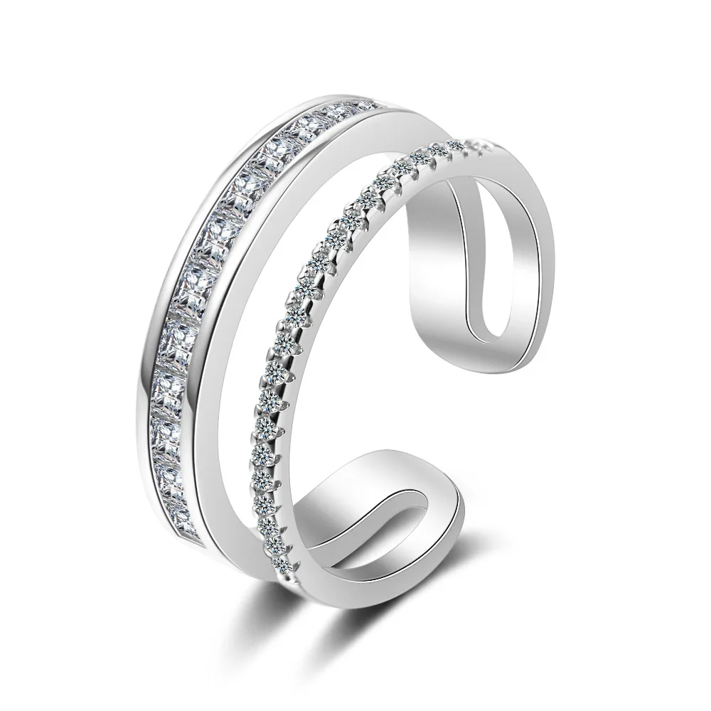 

Handmade Double Layer Rhinestone Open Rings Female Korean Simple Zircon Adjustable Girl Rings Jewelry, Silver