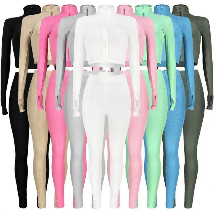 

BEAUTY Lowest Price Fall Solid Color Long Sleeve Zipper Crop Top Skinny Pant Sets Lounge Wear Two Piece Set Women Clothing
