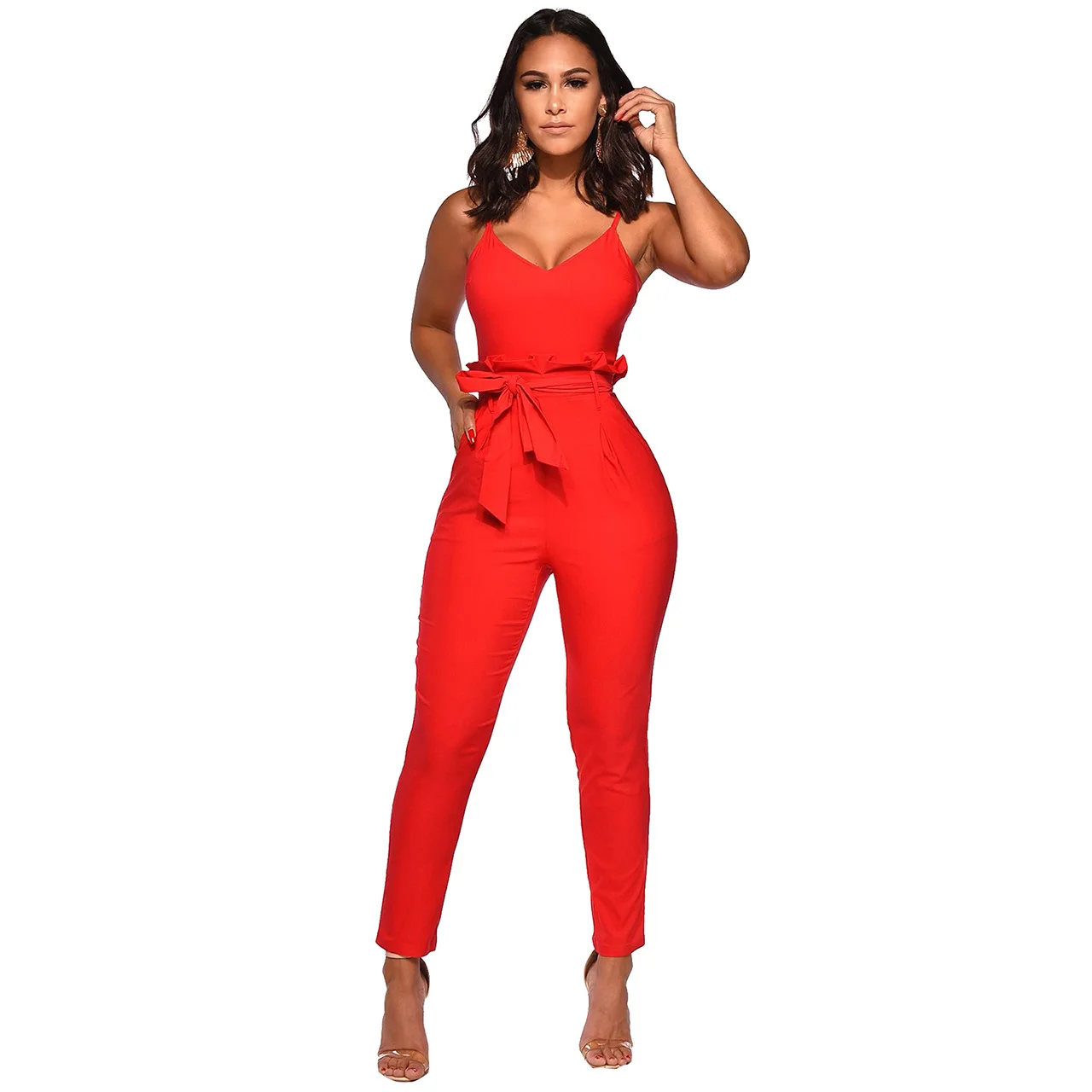 

YQ997 free shipping Wholesale Women's Spaghetti Strap Jumpsuit V Neckline Comfy Slim Romper with Belt, As shown