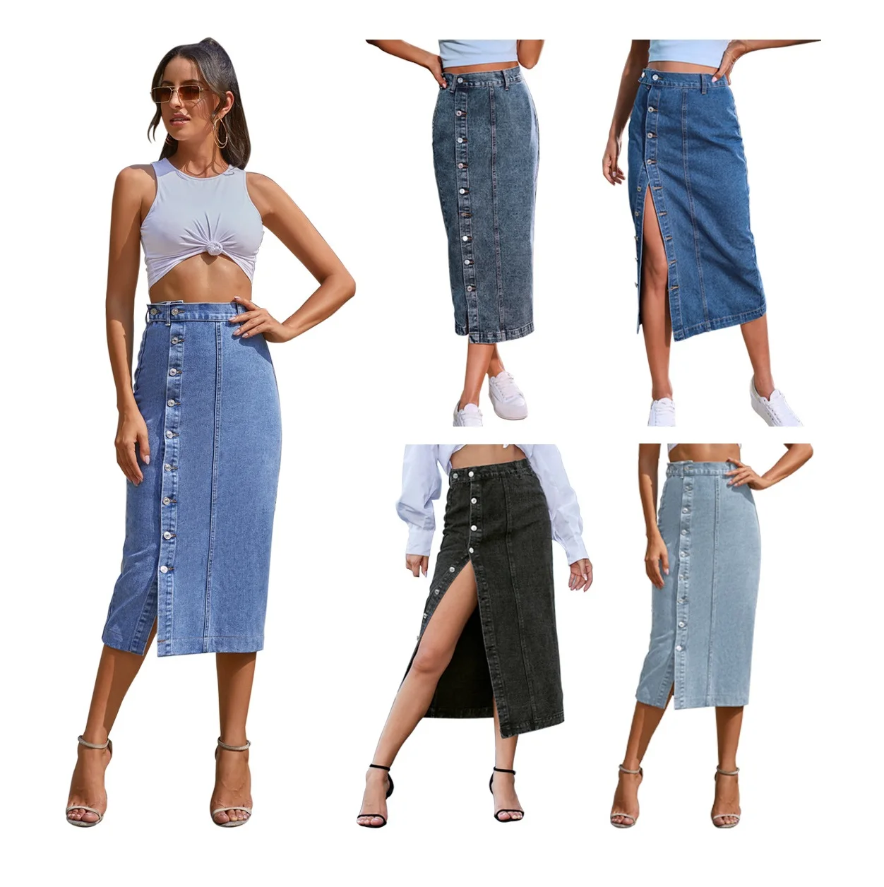 

Women'S Europe And The United States Button Irregular Split Denim High Waist Long Skirt